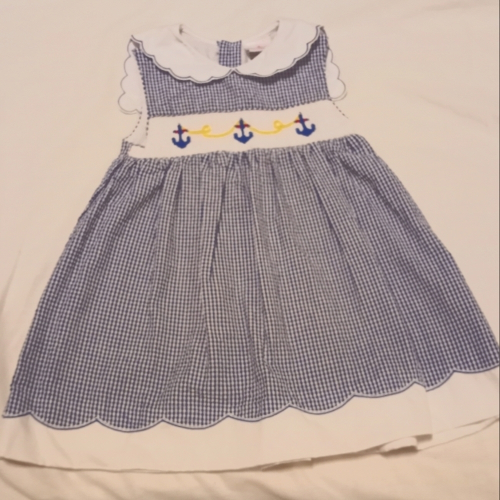 Vintage Petit Ami Dress Seersucker smocked Anchor sailor suit top size 18 mos